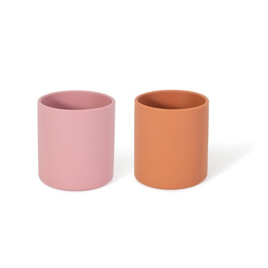 Soina - Set 2 bicchieri con 1 coperchio - 100% Silicone - Colori Soina: Rosa Antico/Cammello