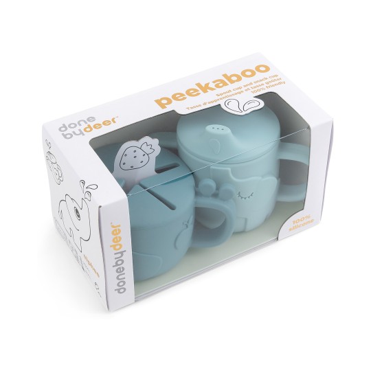 Done By Deer - Set Tazza Snack e Tazza Beccuccio Peekaboo- 100% Silicone Alimentare - Colore: Blu