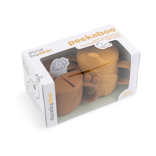 Done By Deer - Set Tazza Snack e Tazza Beccuccio Peekaboo- 100% Silicone Alimentare - Colore: Mostarda