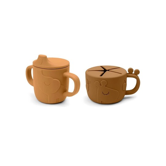 Done By Deer - Set Tazza Snack e Tazza Beccuccio Peekaboo- 100% Silicone Alimentare - Colore: Mostarda
