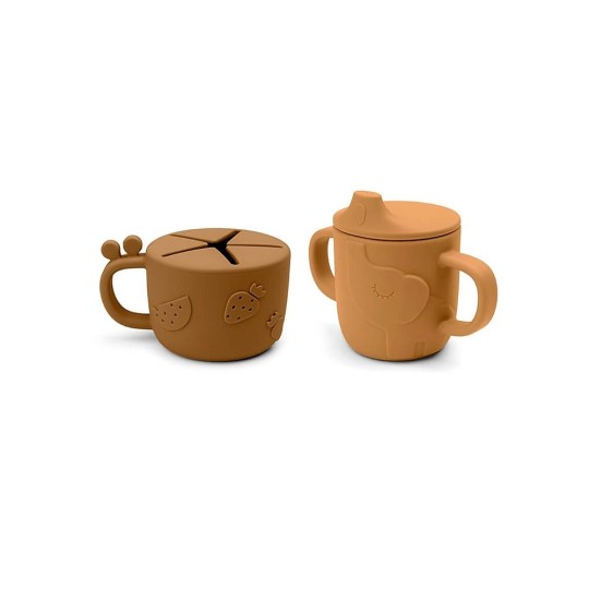 Done By Deer - Set Tazza Snack e Tazza Beccuccio Peekaboo- 100% Silicone Alimentare - Colore: Mostarda