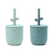 Done by Deer - Set Tazze con Tappo e Cannuccia Peekaboo - 100% Silicone Alimentare - Colore: Blu