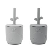 Done by Deer - Set Tazze con Tappo e Cannuccia Peekaboo - 100% Silicone Alimentare - Colore: Grigio