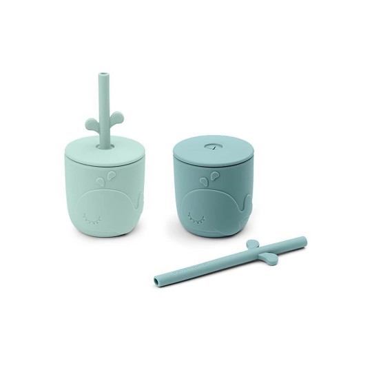 Done by Deer - Set Tazze con Tappo e Cannuccia Peekaboo - 100% Silicone Alimentare - Colore: Blu