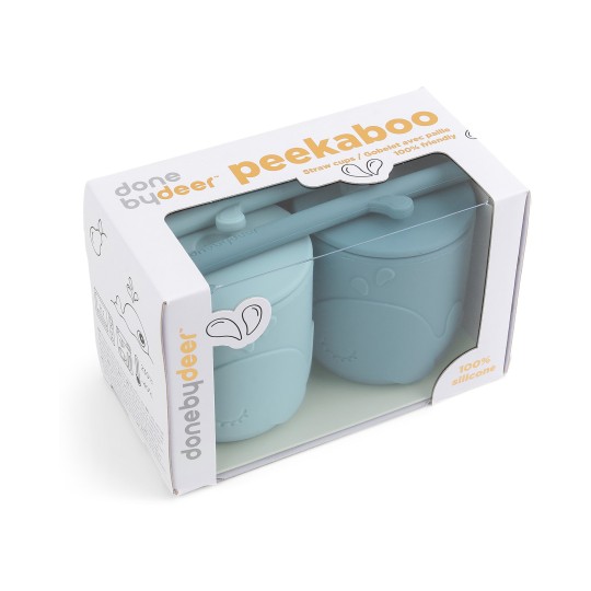 Done by Deer - Set Tazze con Tappo e Cannuccia Peekaboo - 100% Silicone Alimentare - Colore: Blu