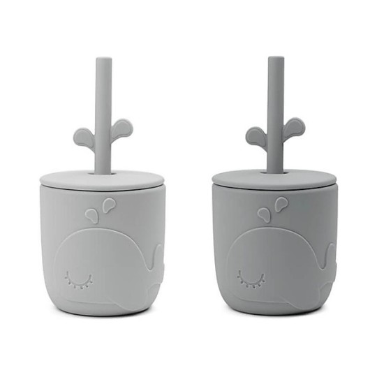 Done by Deer - Set Tazze con Tappo e Cannuccia Peekaboo - 100% Silicone Alimentare - Colore: Grigio