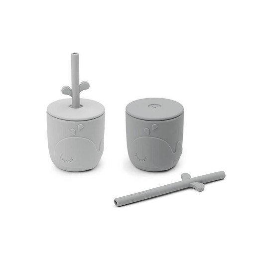Done by Deer - Set Tazze con Tappo e Cannuccia Peekaboo - 100% Silicone Alimentare - Colore: Grigio