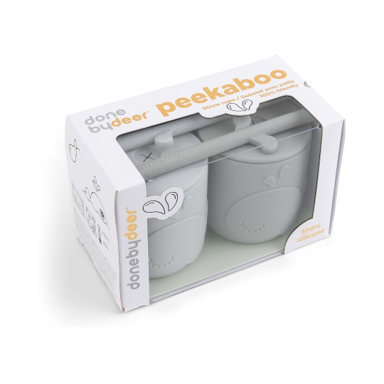 Done by Deer - Set Tazze con Tappo e Cannuccia Peekaboo - 100% Silicone Alimentare - Colore: Grigio