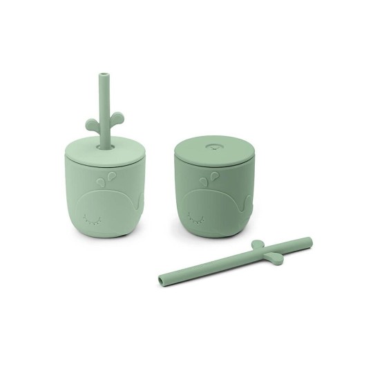 Done by Deer - Set Tazze con Tappo e Cannuccia Peekaboo - 100% Silicone Alimentare - Colore: Verde