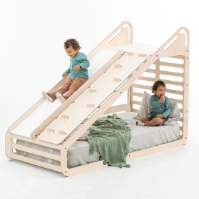 MamaToyz - Letto Montessori bambini 90x190cm - Incluso di scivolo e rampa per arrampicata, altalena, lavagna e banco