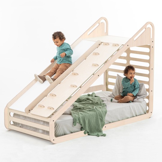 MamaToyz - Letto Montessori bambini 90x190cm - Incluso di scivolo e rampa per arrampicata, altalena, lavagna e banco
