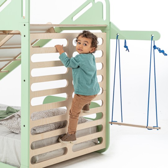 MamaToyz - Letto Montessori bambini 90x190cm - Incluso di scivolo e rampa per arrampicata, altalena, lavagna e banco