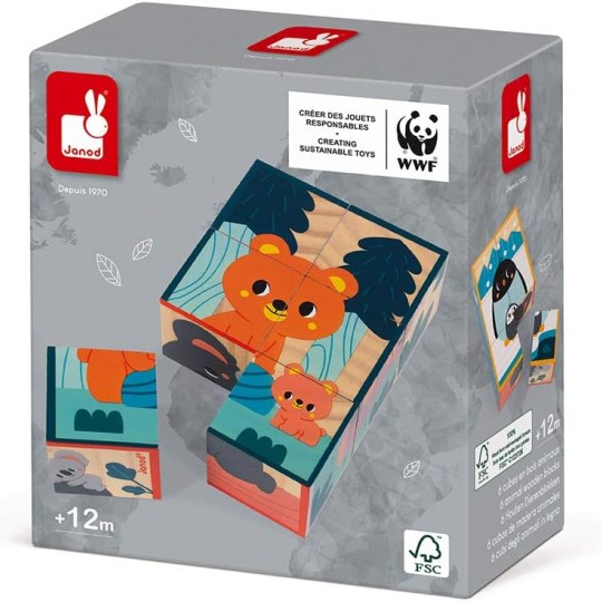 Janod - Puzzle Cubi animali in legno WWF 6 pezzi - Dai 12 mesi