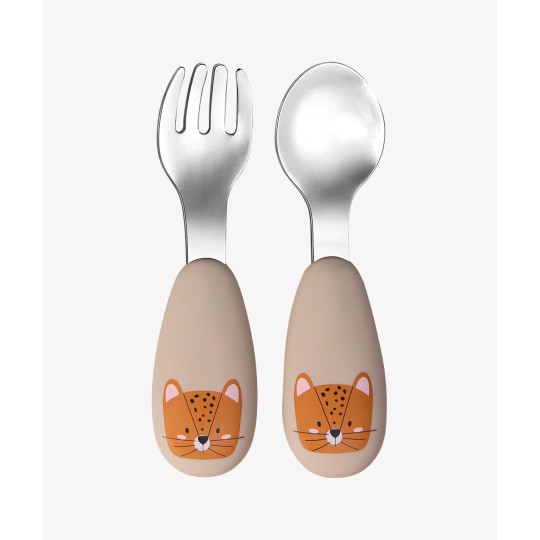 Tryco - Set Posate Forchetta e Cucchiaio - Silicone e Acciaio Inox - Versioni Tryco: Lenny il Leopardo