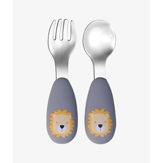Tryco - Set Posate Forchetta e Cucchiaio - Silicone e Acciaio Inox - Versioni Tryco: Leo il Leone