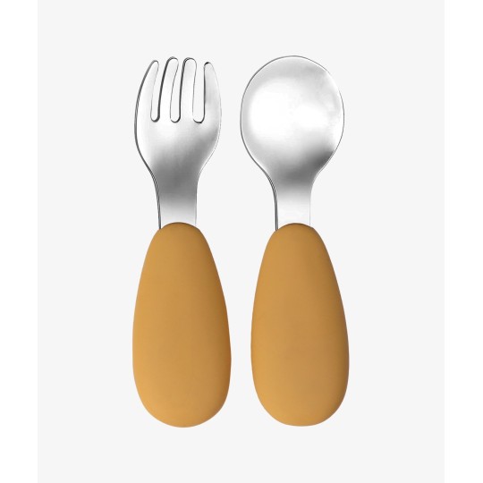 Tryco - Set Posate Forchetta e Cucchiaio - Silicone e Acciaio Inox - Versioni Tryco: Miele / Oro