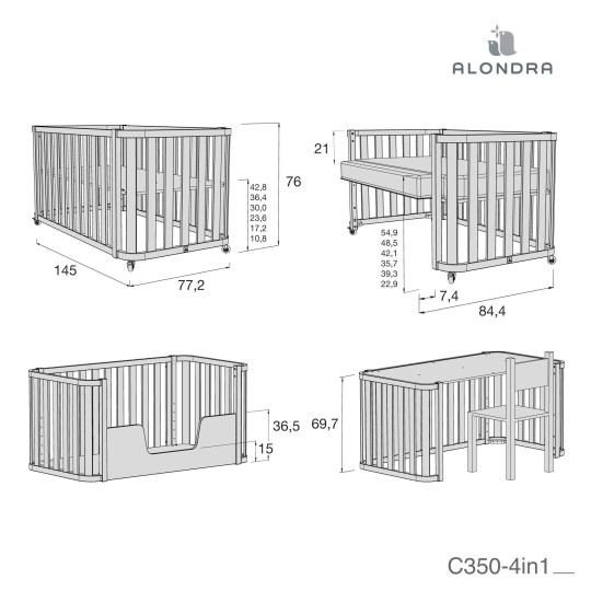 Alondra - Lettino evolutivo Crea DUE PLUS - Lettino-Letto montessoriano-Scrivania - Versione Alondra: Legno/Bianco
