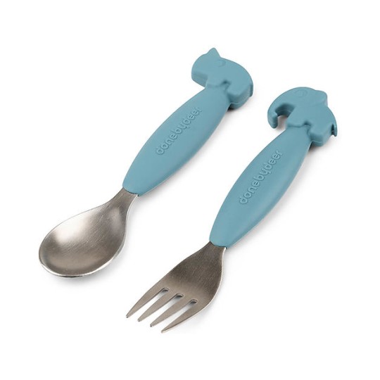 Done by Deer - Set 2 Posate Anti-Scivolo - Forchetta e Cucchiaio - Silicone Alimentare e Acciaio inossidabile