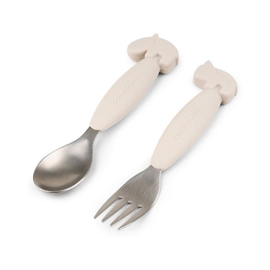 Done by Deer - Set 2 Posate Anti-Scivolo - Forchetta e Cucchiaio - Silicone Alimentare e Acciaio inossidabile - Colore: Sabbia