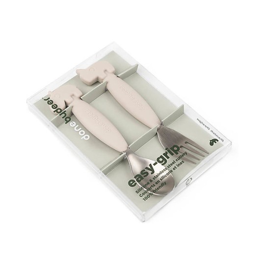 Done by Deer - Set 2 Posate Anti-Scivolo - Forchetta e Cucchiaio - Silicone Alimentare e Acciaio inossidabile - Colore: Sabbia