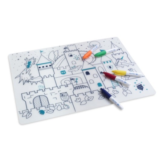 Super Petit - Tovaglietta in silicone da colorare con 5 pennarelli - 40x30cm - Disegno: Castle