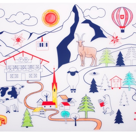 Super Petit - Tovaglietta in silicone da colorare con 5 pennarelli - 40x30cm - Disegno: Swiss Mountains