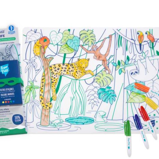Super Petit - Tovaglietta in silicone da colorare con 5 pennarelli - 40x30cm - Disegno: Amazzonia