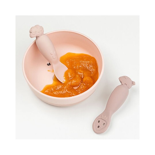 Done By Deer - Set 2 Cucchiai da Apprendimento in Silicone - Tiny Farm - Colore: Cipria