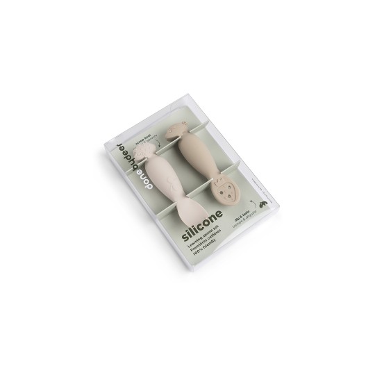Done By Deer - Set 2 Cucchiai da Apprendimento in Silicone - Tiny Farm - Colore: Sabbia