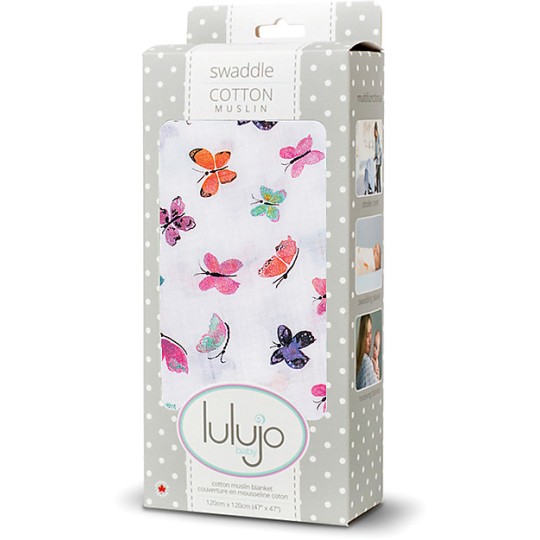 Lulujo - Copertina Swaddle 120 x 120 cm - 100% mussola di cotone - Varianti Lulujo: Farfalle