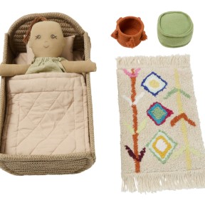 Lorena Canals - Set Mini Lorena - Bambola con culla, tappeto, cestino e pouf - 22x32x16cm