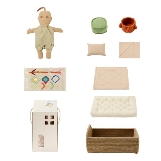 Lorena Canals - Set Mini Lorena - Bambola con culla, tappeto, cestino e pouf - 22x32x16cm
