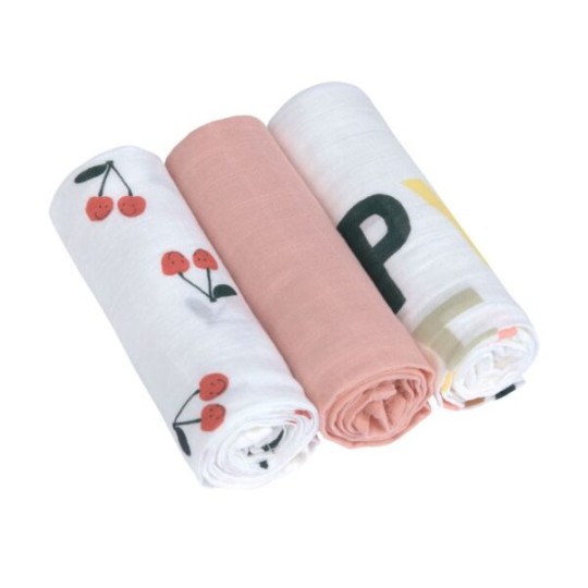 Lassig - Mussola in viscosa di bamboo e cotone organico L - 80x80cm - Pack 3pezzi - Colori Lässig: Happy Fruits Cherry