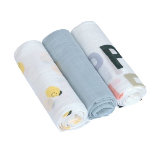 Lassig - Mussola in viscosa di bamboo e cotone organico L - 80x80cm - Pack 3pezzi - Colori Lässig: Happy Fruits Lemon