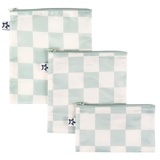 Tiny Twinkle - Set 3 buste per gli snack impermeabili con Zip - Riutilizzabili, Lavabili, in Materiale Riciclato OEKO-TEX - Per per Bambino e Viaggio - Versioni Tiny Twinkle: Sage Checkers
