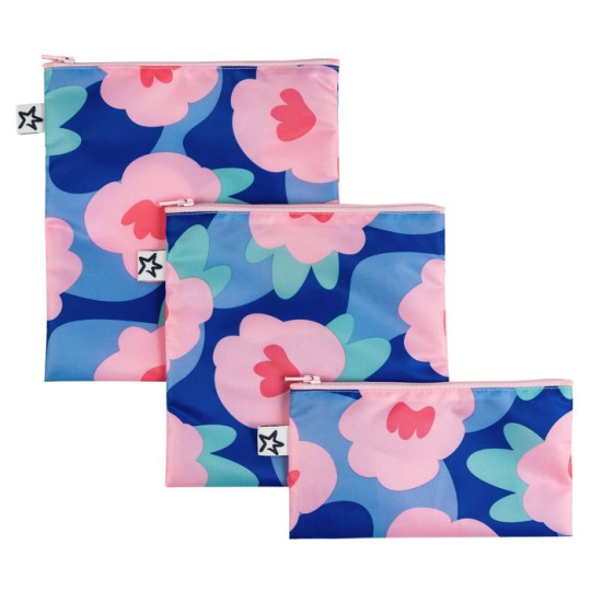Tiny Twinkle - Set 3 buste per gli snack impermeabili con Zip - Riutilizzabili, Lavabili, in Materiale Riciclato OEKO-TEX - Per per Bambino e Viaggio - Versioni Tiny Twinkle: Blu Floral