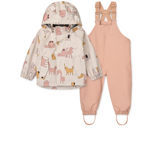 Liewood - Set antipioggia Manu - Completo giacca e pantaloni Wateroproof - Taglia: 98, Colore Liewood: Cats and Dogs / Sandy
