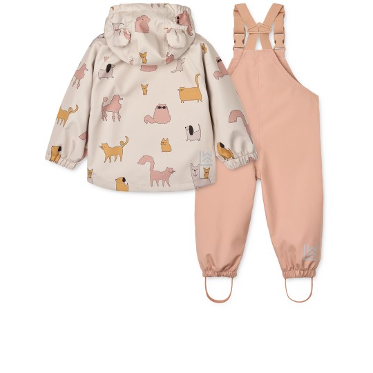 Liewood - Set antipioggia Manu - Completo giacca e pantaloni Wateroproof - Taglia: 98, Colore Liewood: Cats and Dogs / Sandy