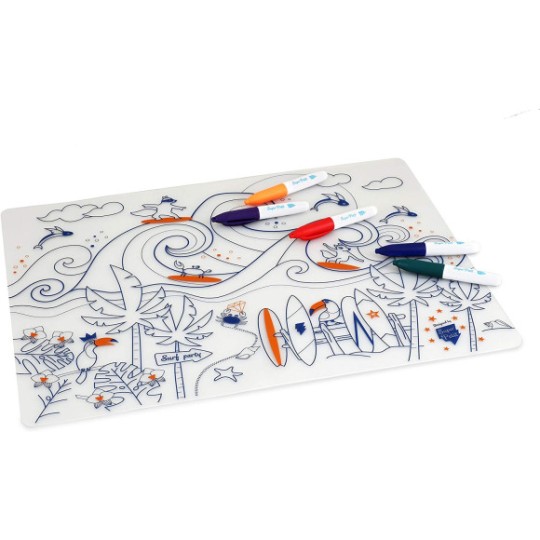Super Petit - Tovaglietta in silicone da colorare con 5 pennarelli - 40x30cm - Disegno: Surf