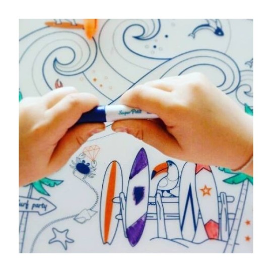 Super Petit - Tovaglietta in silicone da colorare con 5 pennarelli - 40x30cm - Disegno: Surf